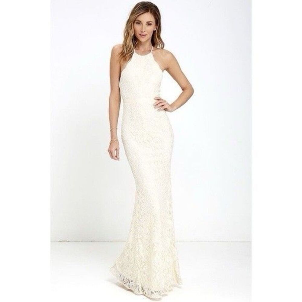 Lulus Zenith Cream Lace Maxi Dress NWT Size XS Halter Full Length Bridal Gown